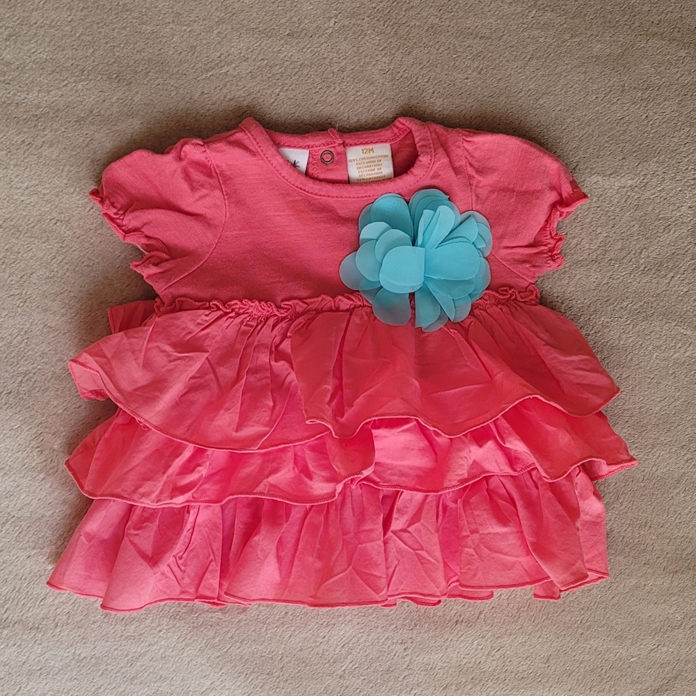 Truly Scrumptious Salmon Pink 3 Tier Ruffle Dress w/Blue Teal Flower Size 12M